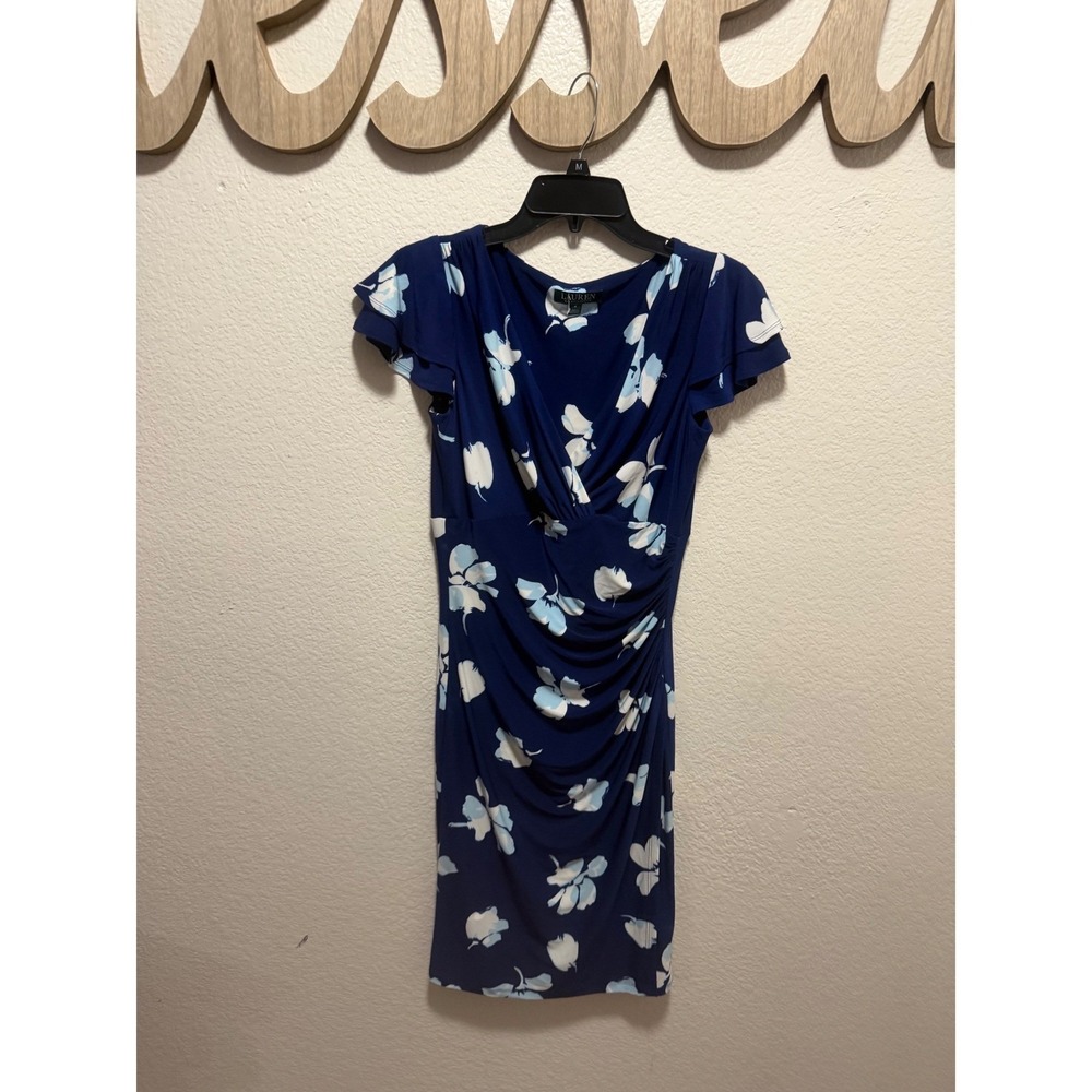 Lauren Ralph Lauren Navy Blue Floral Ruched Flutter Sleeve Sheath Dress Size 4